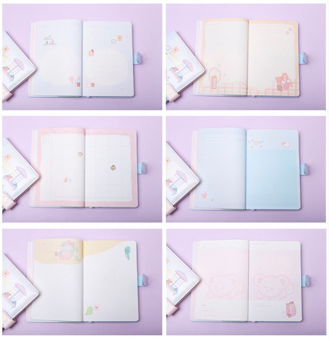 Cute Pink Leather Animal Town Journal - A5 Magnetic; kawaii-style journal with pastel pink and blue pages featuring adorable animal illustrations and motifs; includes a magnetic closure; ideal for note-taking, planning, and drawing; perfect gift for stationery lovers; features various page designs for creativity.