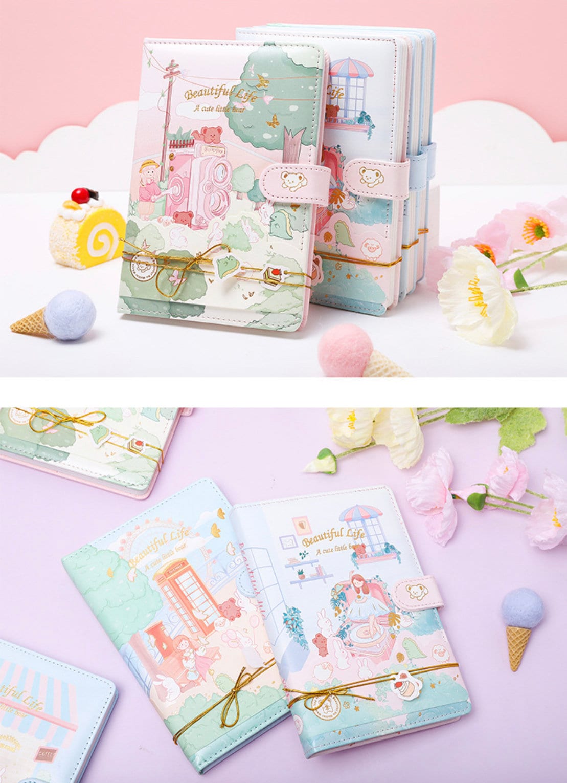 Cute pink leather Animal Town journal in A5 size with magnetic closure, featuring whimsical animal illustrations and pastel colors, perfect for kawaii stationery lovers.