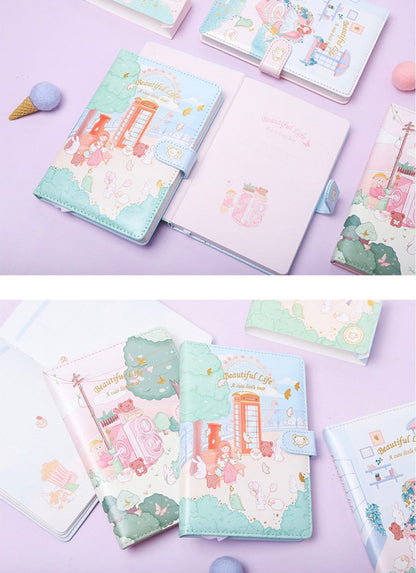 Cute Pink Leather Animal Town Journal - A5 Magnetic with adorable animal illustrations and playful pastel colors, perfect for note-taking, journaling, and organizing, kawaii stationery item.