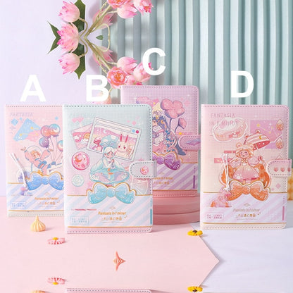 Fantasia in F Minor Journal - Leather Cover & Bookmark in four designs, A, B, C, and D, displayed against a pastel backdrop with pink flowers, featuring kawaii style illustrations and a secure clasp.