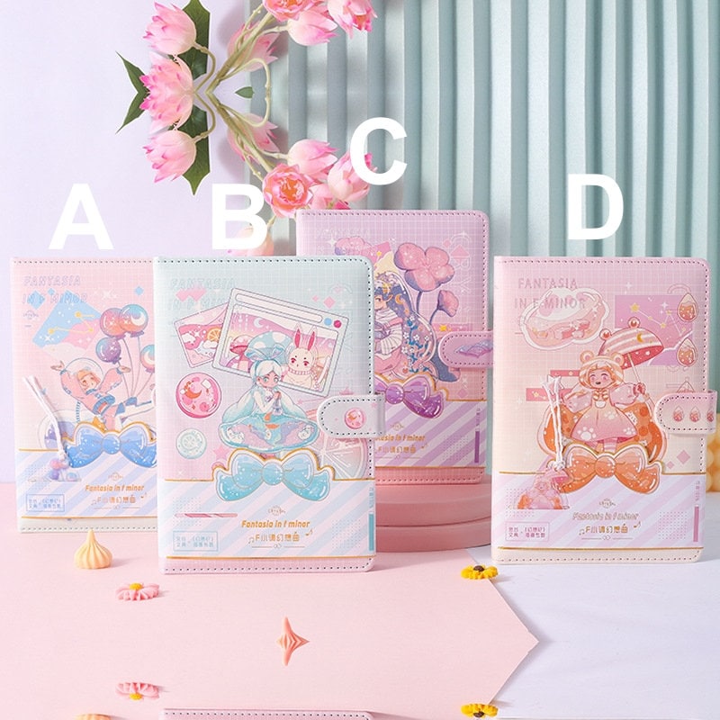 Fantasia in F Minor Journal - Leather Cover & Bookmark, kawaii stationery featuring cute illustrated characters, set of four designs (A, B, C, D) with pink and pastel color schemes, floral background.