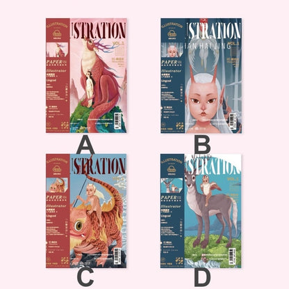 B5 Fashion Notebook with Magazine Style Cover, featuring four unique illustrated designs labeled A, B, C, and D. Each cover showcases trendy, colorful artwork with characters and fantasy creatures, perfect for kawaii stationery enthusiasts.