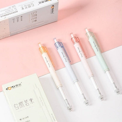 Minimalist 0.5mm black ink gel pens in pastel colors, ideal for office and student use, displayed with packaging on a pink and white background.