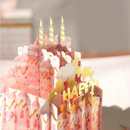 3D Pink Cake Pop Up Card with candles and "Happy Birthday" message, featuring kawaii-style decorations and pastel colors.