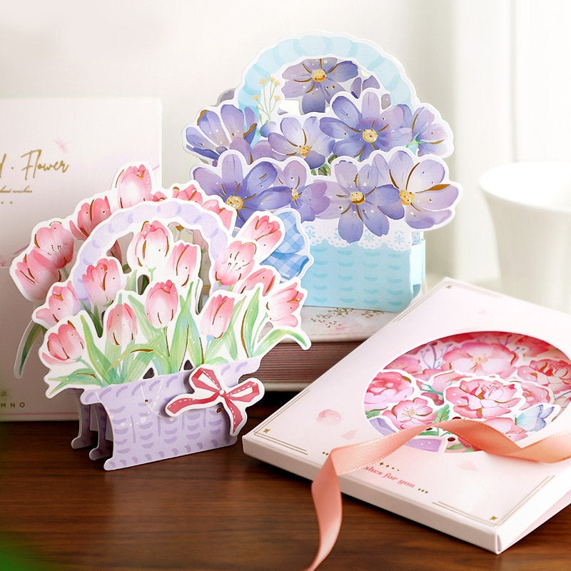 3D Pink Flower Pop-Up Greeting Card featuring delicate illustrations of roses and lilies in vibrant colors, perfect for special occasions or heartfelt messages.