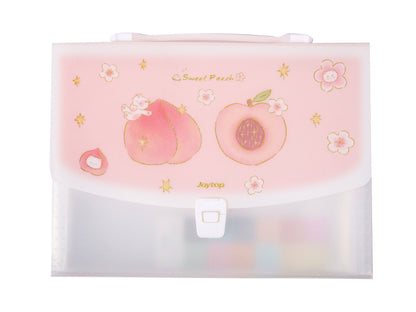 Pink Peach 13-Pocket A4 Document Organizer with kawaii peach illustrations and delicate flower designs, frosted cover, snap closure, and pastel-colored dividers.