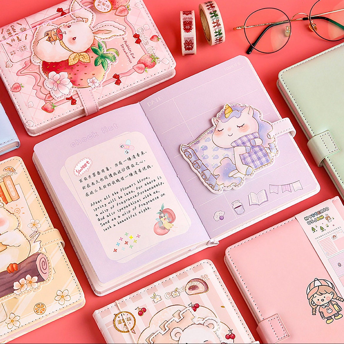 A5 leather journal with animal design and bookmark, featuring cute bunny, unicorn, and bear illustrations, perfect for kawaii stationary lovers.