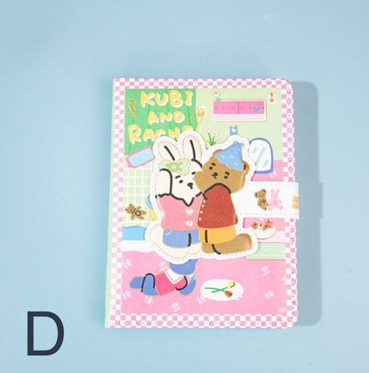 Kubi and Rache Leather Notebook - A5 Magnetic Buckle with cute bunny and bear design, pink and green checkered cover, kawaii stationary gift.