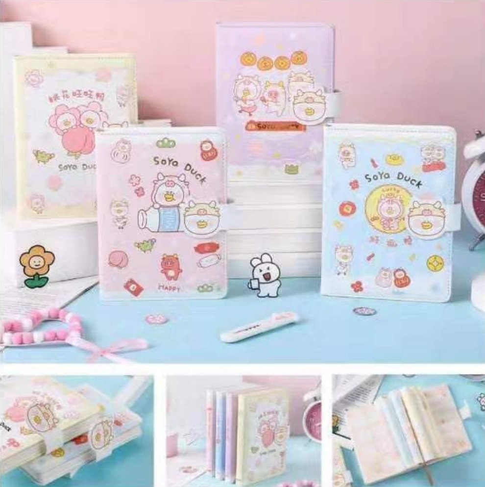 Soya Duck Leather Notebook - A5, 224 Pages with cute pastel-colored covers featuring adorable duck and flower illustrations. Ideal for note-taking, journaling, or sketching. Kawaii stationery for school, office, or personal use.