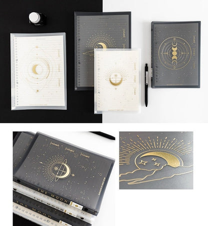 B5 Stars and Moons PVC Cover Planner featuring celestial designs with gold detailing, ideal for organizing and planning.