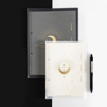 B5 Stars and Moons PVC Cover Planner with celestial designs, featuring one dark gray and one white planner, accompanied by a black pen.