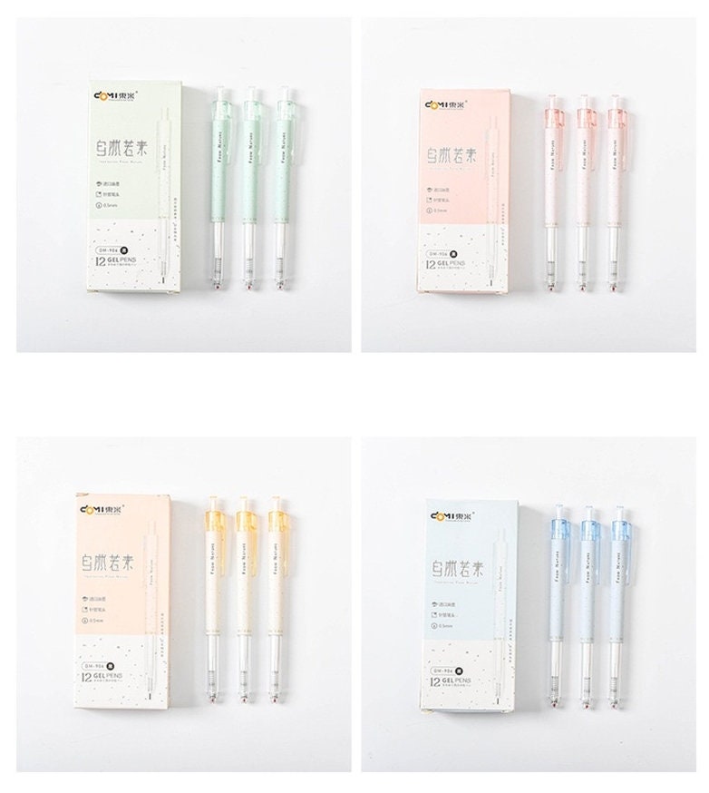 Minimalist 0.5mm black ink gel pen set for office and students featuring pastel colors including green, pink, yellow, and blue, displayed with corresponding packaging.