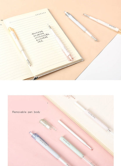 Minimalist 0.5mm black ink gel pens in pastel colors displayed on peach and white background with a notebook and disassembled pen parts, ideal for office and student use.