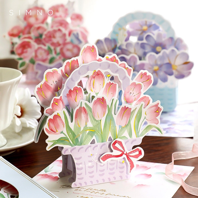 3D Pink Flower Pop-Up Greeting Card with Rose and Lily; features a bouquet of vibrant pink flowers in an intricate pop-up design; perfect for birthdays, anniversaries, or special occasions; kawaii stationery gift for flower enthusiasts.