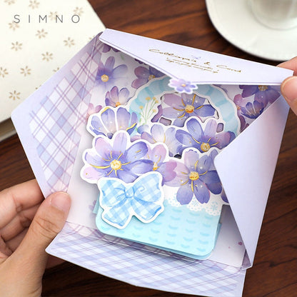 3D Pink Flower Pop-Up Greeting Card - Rose & Lily with intricate purple floral designs, gingham bow, and elegant lilac envelope, perfect for special occasions and anniversaries.