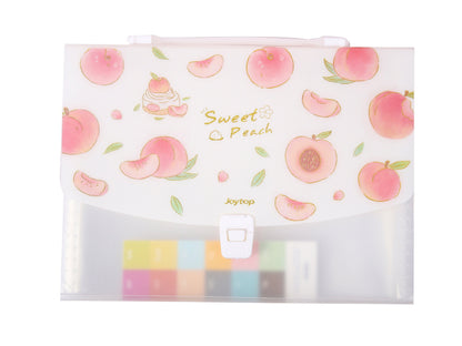 Pink Peach 13-Pocket A4 Document Organizer with cute peach illustrations, transparent material, and secure buckle closure. Ideal for kawaii stationery lovers.