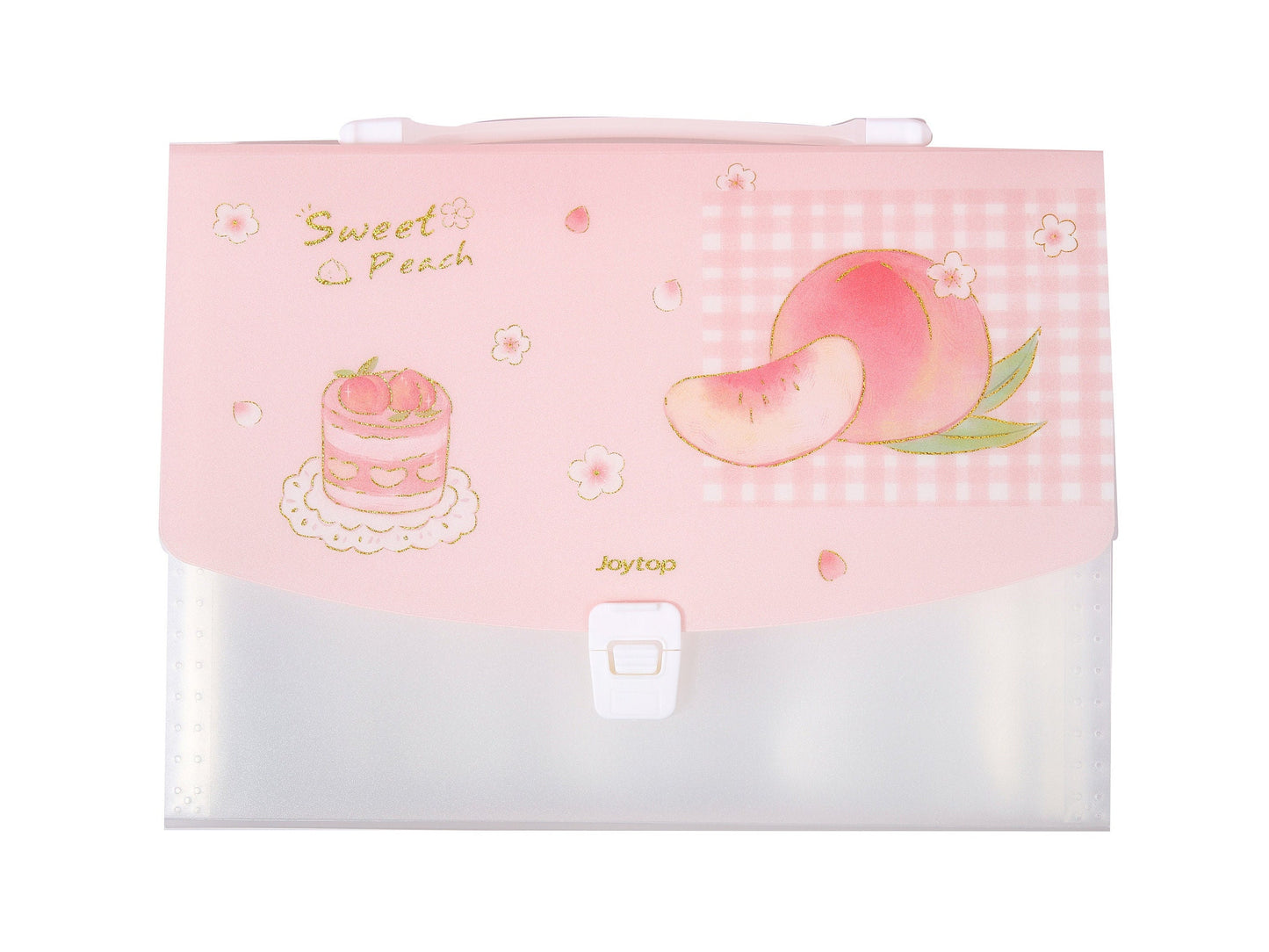 Pink Peach 13-Pocket A4 Document Organizer with cute peach and cake illustrations, pink background with floral and gingham patterns, white clasp, and handle.