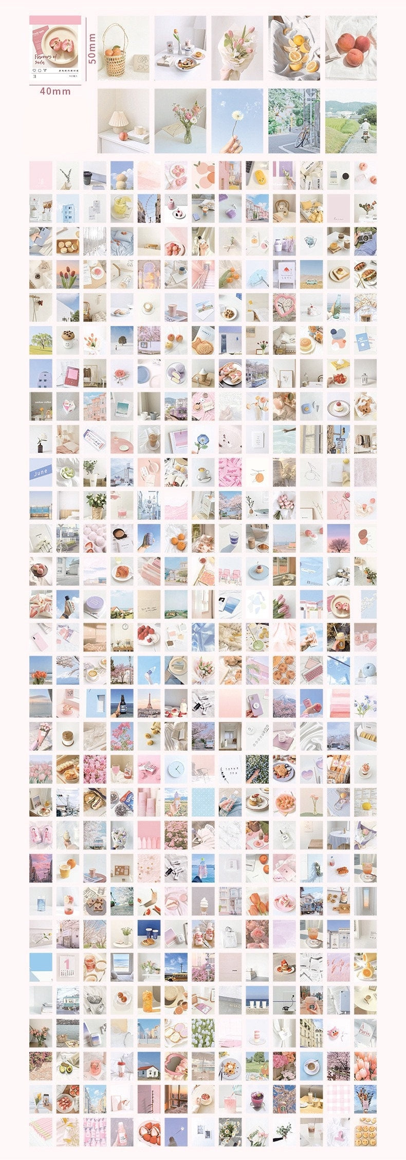 Aesthetic Decorative Scrapbook Paper - 400 Pages with assorted pastel images of flowers, food, travel, and lifestyle, perfect for DIY crafts, journaling, scrapbooking, and planners in kawaii style.