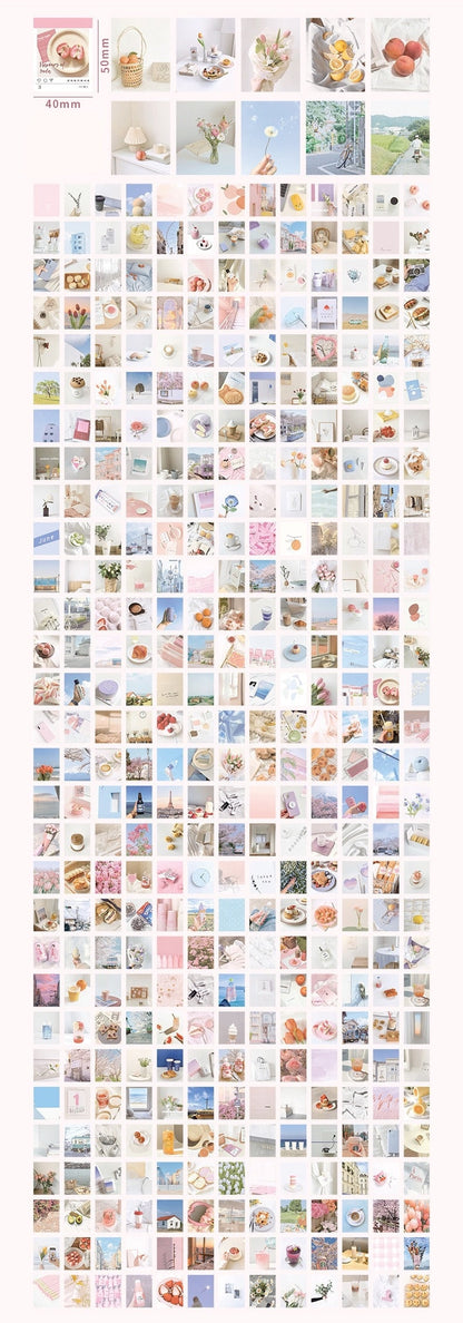 Aesthetic Decorative Scrapbook Paper - 400 Pages with assorted pastel images of flowers, food, travel, and lifestyle, perfect for DIY crafts, journaling, scrapbooking, and planners in kawaii style.