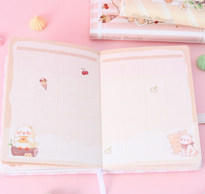 A5 leather journal with animal design and bookmark, featuring cute illustrations of animals and soft pastel colors.