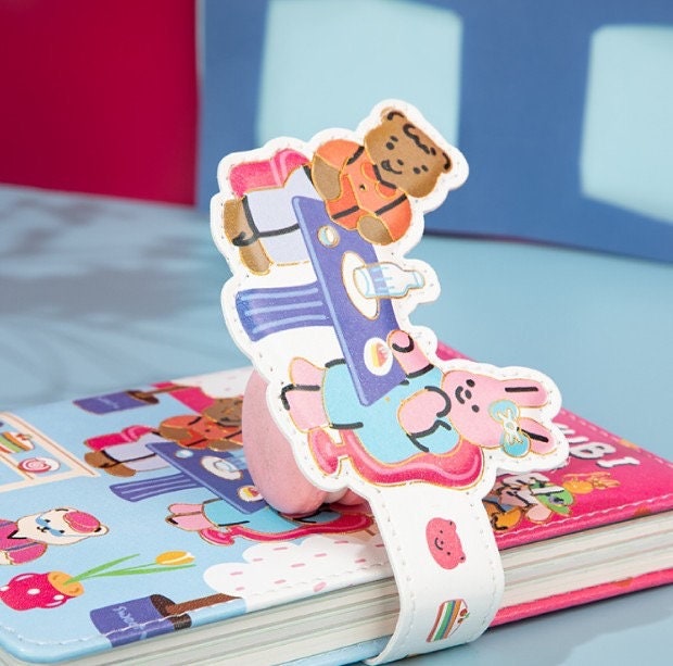 Kubi and Rache Leather Notebook - A5 Magnetic Buckle, featuring a cute animal-themed design with a bear and bunny illustration, durable magnetic closure, and vibrant kawaii-style artwork.