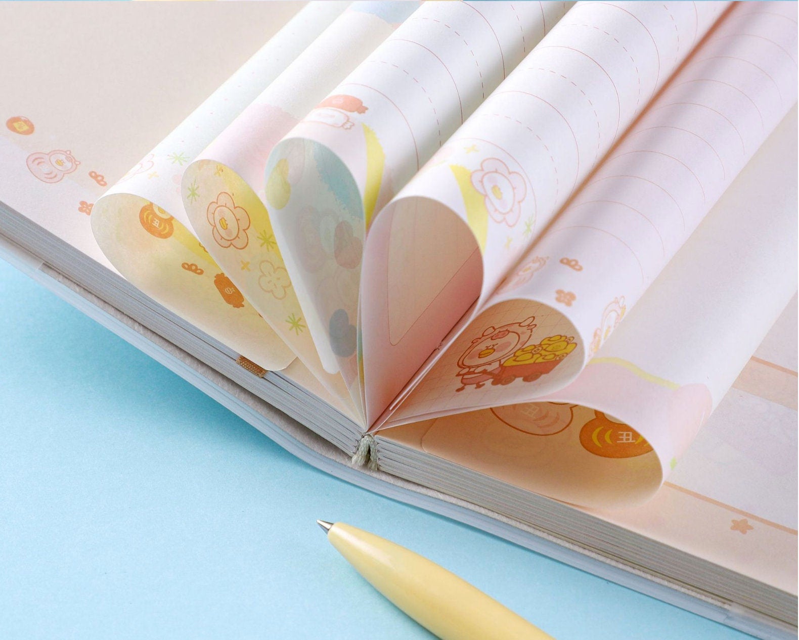 Soya Duck Leather Notebook A5 - 224 Pages, open to showcase cute kawaii-themed inner pages featuring adorable illustrations and neat lined sections. Perfect for journaling and note-taking.