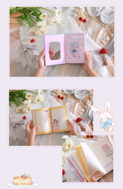 Peach Narration Magnetic Buckle Journal with Bookmark featuring cute illustrations, shown open with vibrant pages, surrounded by flowers and decorative items in a kawaii style.