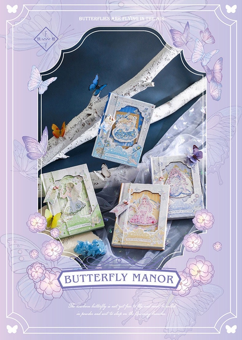 Butterfly Manor A5 Hardcover Notebook with Bookmark in enchanting designs featuring butterflies and delicate illustrations, available in various pastel shades.