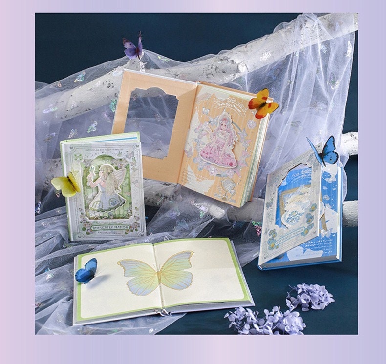 Butterfly Manor A5 Hardcover Notebook with Bookmark featuring whimsical fairy tale illustrations and 3D butterfly decorations.