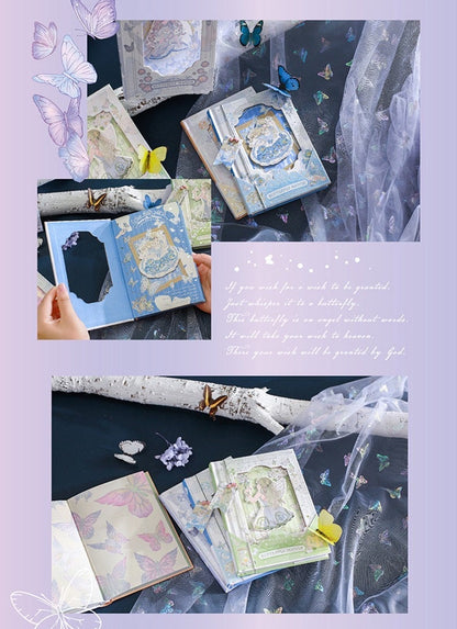 Butterfly Manor A5 Hardcover Notebook with Bookmark in floral design and pastel color scheme, featuring intricate butterfly illustrations and a fairy motif, shown alongside other stationery items and decorative butterflies. Perfect for journaling and note-taking.