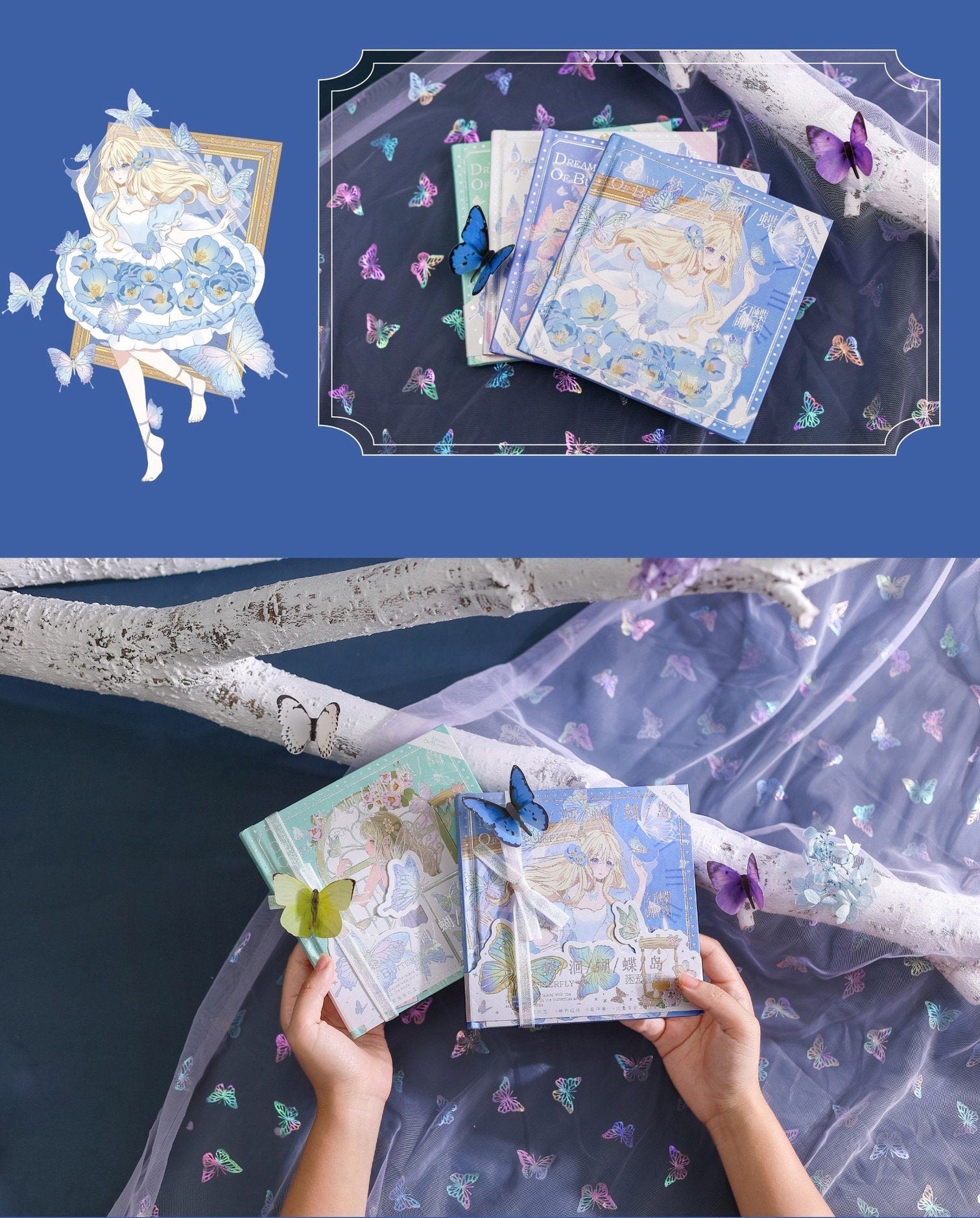 Dream of Butterfly Hardcover Notebook with Bookmark featuring a whimsical butterfly and fairy design, displayed on decorative fabric adorned with colorful butterflies.