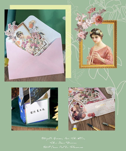 Aesthetic Oil Painting Pop-Up Greeting Card with vintage floral artwork, featuring elegant portraits and intricate designs, standing out in a pink envelope on a green background. Perfect for special occasions and heartfelt messages.