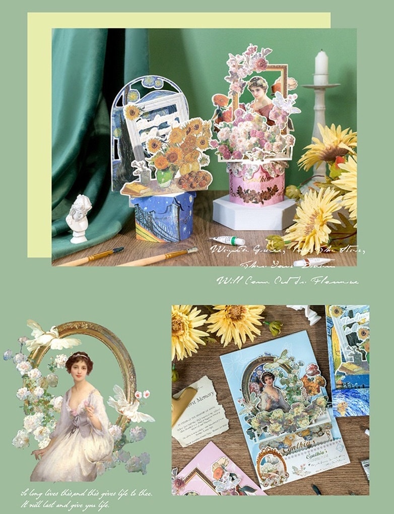 Aesthetic Oil Painting Pop-Up Greeting Card featuring vintage floral designs and classic portrait accents in a 3D pop-up format, perfect for art lovers and special occasions.