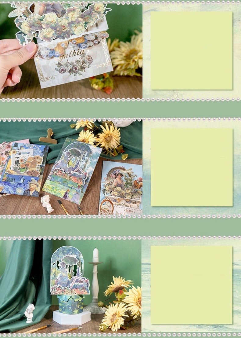 Aesthetic oil painting pop-up greeting card with floral and vintage art designs displayed in various scenes with green and yellow floral decor.