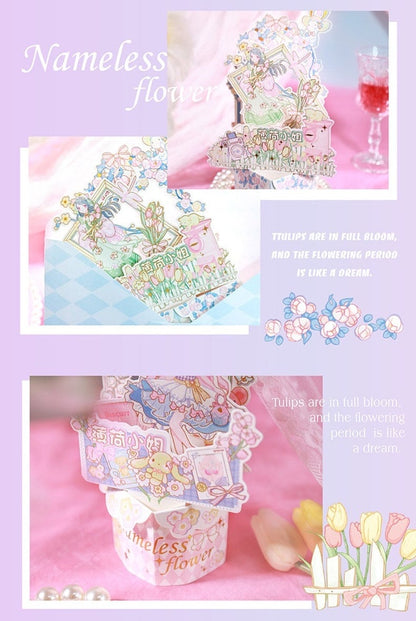 3D Flower and Butterfly Pop-Up Greeting Card with pastel colors featuring flowers, butterflies, and intricate pop-up designs, perfect for special occasions.