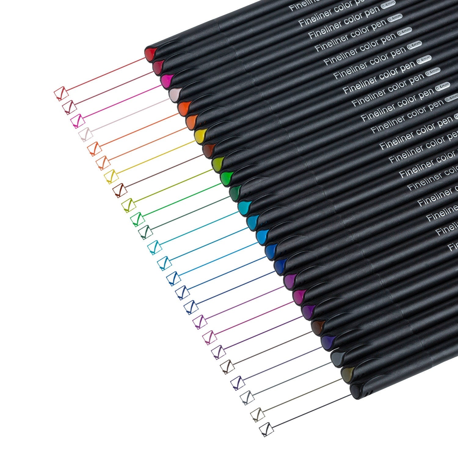 24-color Fineliner Pens Set arranged in a row, with each pen drawing a colorful line and checkmark, ideal for journals and art projects.