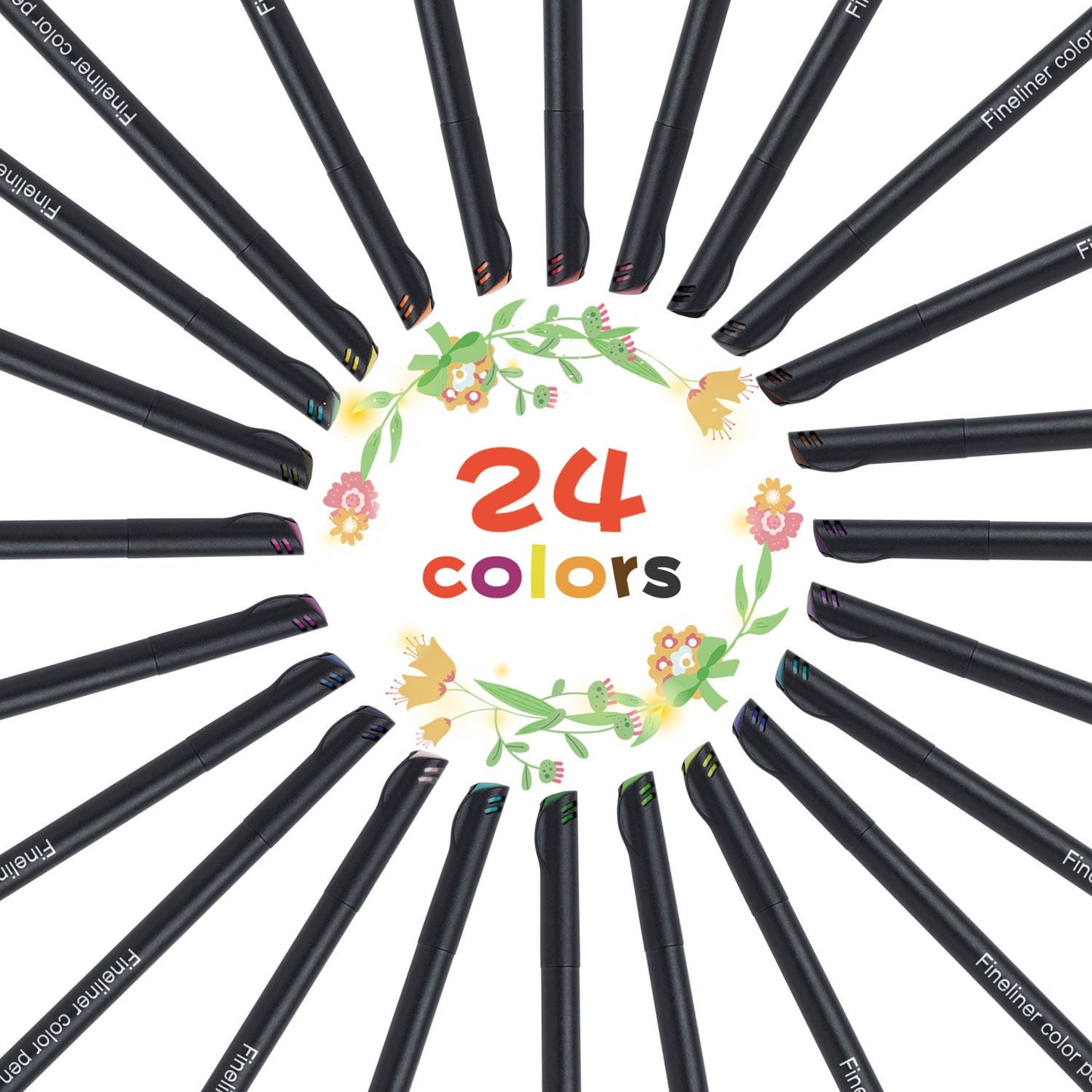 24-color fineliner pens set, arranged in a circular pattern with floral decorations, perfect for journals and art projects