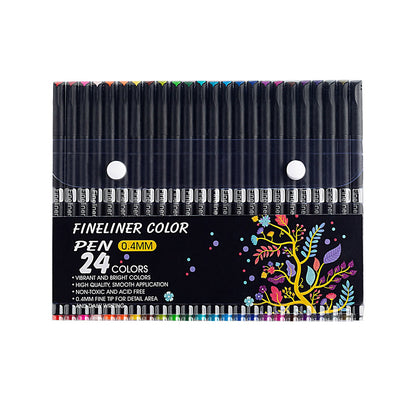 24-Color Fineliner Pens Set for Journals & Art, vibrant colors, 0.4mm fine tip, smooth application, non-toxic, acid-free.