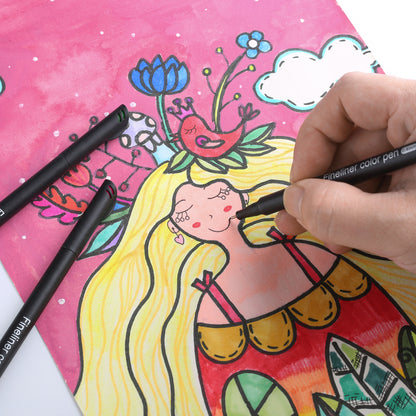 Person using black fineliner pen from 36-color set to draw on colorful artwork.