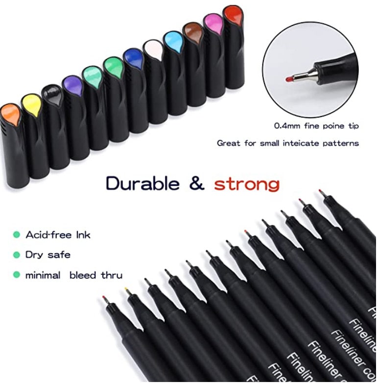 12-Color Fineliner Pens Set for Journals and Art, 0.4mm Fine Point Tip, Acid-Free Ink, Dry Safe, Minimal Bleed Through, Assorted Colors for Drawing, Sketching, and Detailed Writing