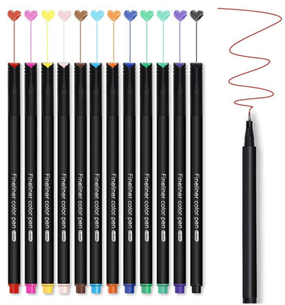 12-color fineliner pens set for journals and art, fineliner color pen pack arranged in a row with corresponding colorful lines and hearts above, ideal for drawing, sketching, and note-taking