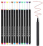 12-color fineliner pens set for journals and art, fineliner color pen pack arranged in a row with corresponding colorful lines and hearts above, ideal for drawing, sketching, and note-taking