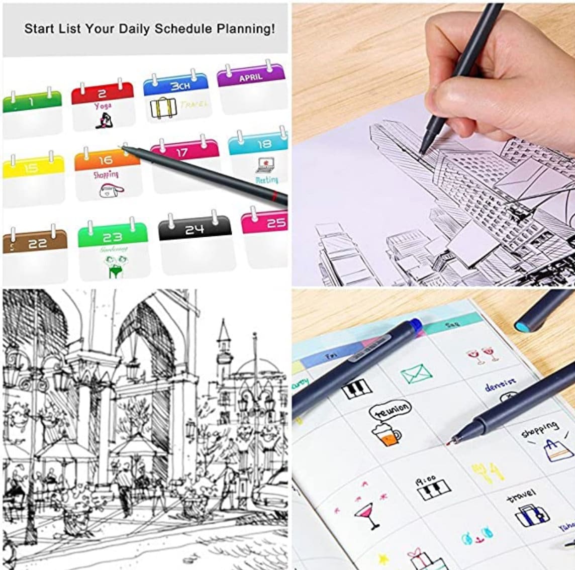 12-Color Fineliner Pens Set used for colorful daily schedule planning, detailed cityscape sketches, architectural drawings, and creative journal layouts. Perfect for journaling, note-taking, and artistic designs. Kawaii-style organization and art tools.