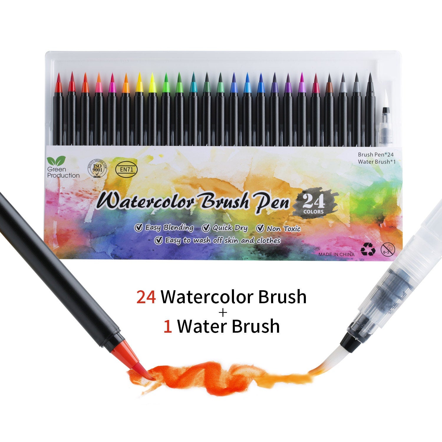 Watercolor Brush Pens - 24 Vibrant Soft Nylon Tips, including black and colored pens, ideal for blending and painting, with a water brush pen for smooth application.