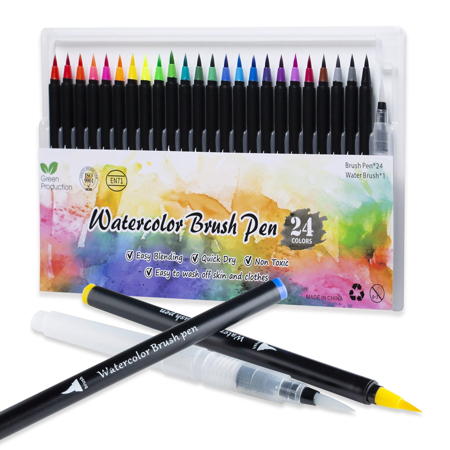 Watercolor Brush Pens - 24 Vibrant Soft Nylon Tips set in clear packaging, showcasing a variety of colorful brush pens with easy blending, quick-dry, and non-toxic features. Easy to wash off skin and clothes.