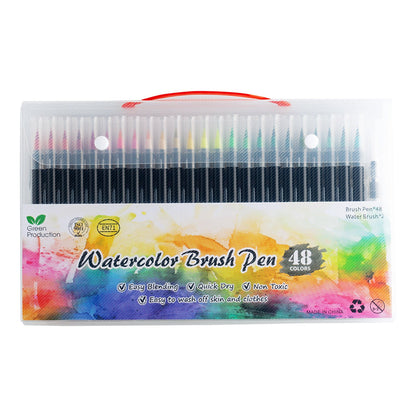 48 vibrant watercolor brush pens with precision soft tips in plastic case – easy blending, quick-dry, non-toxic, and easy to wash off skin and clothes.