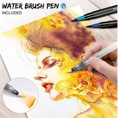 48 Vibrant Watercolor Brush Pens - Precision Soft Tips creating a detailed and colorful portrait, includes water brush pen for blending.