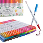 72 Colors Dual Tip Brush Marker Set featuring a range of vibrant hues, arranged in an organized pattern, with two markers demonstrating fine and brush tips.