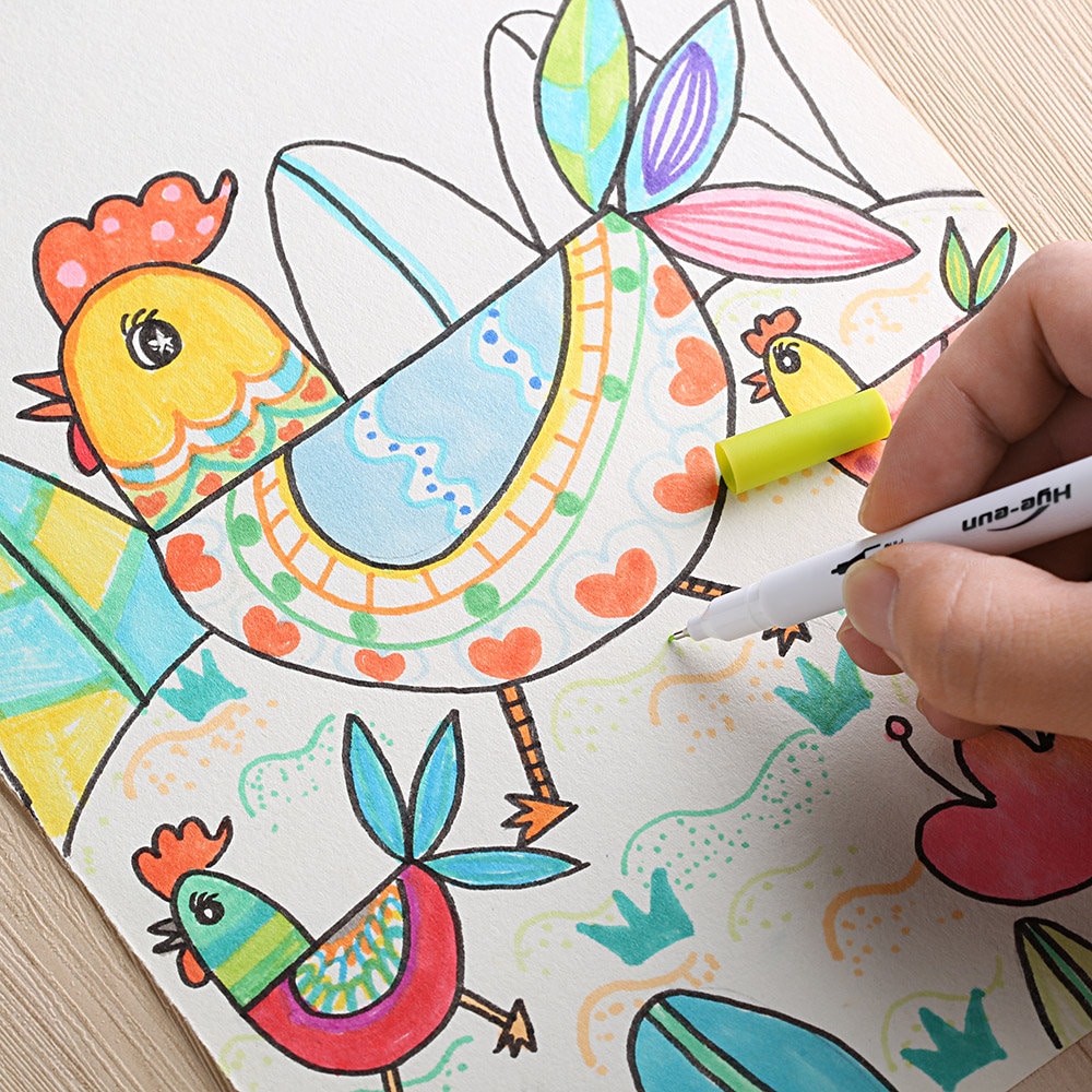 Hand coloring chicken-themed illustration with 72 Colors Dual Tip Brush Marker Set, vibrant & diverse hues, perfect for artists & crafters