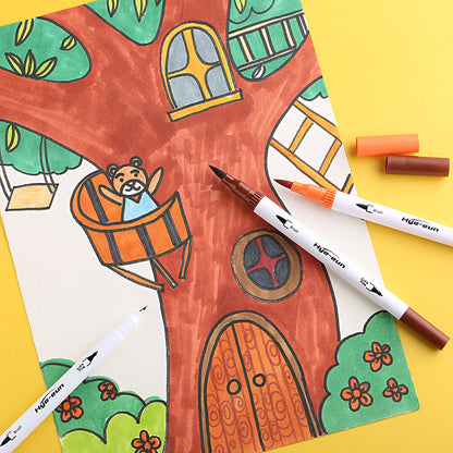 72 Colors Dual Tip Brush Marker Set with artwork of a cute bear living in a tree house, showcasing bright and vibrant colors with dual-tip brush markers on yellow background.